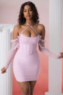 Frill Detail Cowl Neck Mini Dress In Pink -Women Clothes Shop 5310 3 makaria pink frill detailed cowled cortset mini dress