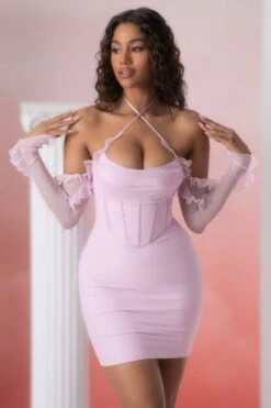 Frill Detail Cowl Neck Mini Dress In Pink -Women Clothes Shop 5310 4 makaria pink frill detailed cowled cortset mini dress