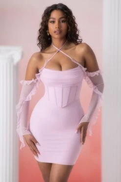 Frill Detail Cowl Neck Mini Dress In Pink -Women Clothes Shop 5310 5 makaria pink frill detailed cowled cortset mini dress