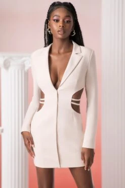 Blazer Mini Dress In Stone -Women Clothes Shop 5312 5 kardia sand waist belt detail blazer dress 1