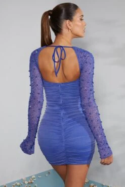 Embellished Long Sleeve Mini Dress In Cobalt Blue -Women Clothes Shop 5318 10 StGermain Cobalt Embellished Sleeve Mini Dress