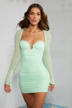 Embellished Long Sleeve Mini Dress In Mint -Women Clothes Shop 5318 1 StGermain Mint Embellished Sleeve Mini Dress