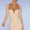 Embellished Long Sleeve Mini Dress In Sand -Women Clothes Shop 5318 2 St Germain Sand Embelished Sleeve Ruched Bodycon Minidress