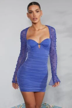 Embellished Long Sleeve Mini Dress In Cobalt Blue -Women Clothes Shop 5318 3 StGermain Cobalt Embellished Sleeve Mini Dress