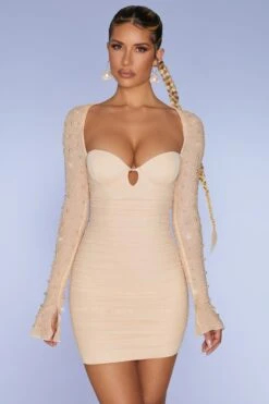 Embellished Long Sleeve Mini Dress In Sand -Women Clothes Shop 5318 4 St Germain Sand Embelished Sleeve Ruched Bodycon Minidress
