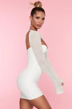 Embellished Long Sleeve Mini Dress In White -Women Clothes Shop 5318 4 St Germain White Embellished Long Sleeve Mini Dress 1