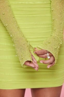 Embellished Long Sleeve Mini Dress In Lime -Women Clothes Shop 5318 5 St Germain Lime Embellished Long Sleeve Mini Dress