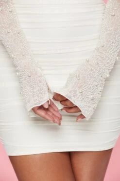 Embellished Long Sleeve Mini Dress In White -Women Clothes Shop 5318 5 St Germain White Embellished Long Sleeve Mini Dress 1