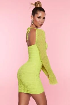 Embellished Long Sleeve Mini Dress In Lime -Women Clothes Shop 5318 6 St Germain Lime Embellished Long Sleeve Mini Dress