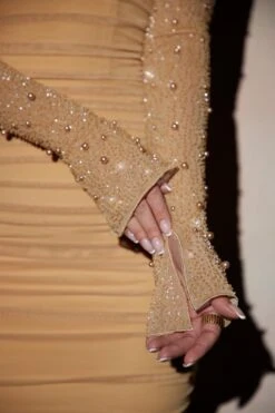 Embellished Long Sleeve Mini Dress In Gold -Women Clothes Shop 5318 7 St Germain Gold Embellished Long Sleeve Mini Dress