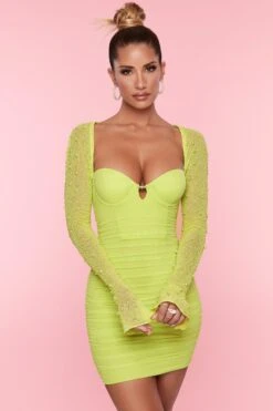 Embellished Long Sleeve Mini Dress In Lime -Women Clothes Shop 5318 8 St Germain Lime Embellished Long Sleeve Mini Dress
