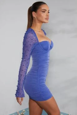 Embellished Long Sleeve Mini Dress In Cobalt Blue -Women Clothes Shop 5318 8 StGermain Cobalt Embellished Sleeve Mini Dress