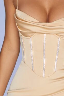 Embellished Asymmetric Midi Dress In Sand -Women Clothes Shop 5323 10 Monaco Sand Diamante Detail Midi Dress