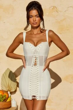 Lace Up Corset Mini Dress In White -Women Clothes Shop 5342 1 Nalda White Lace Up Mesh Corset Mini Dress