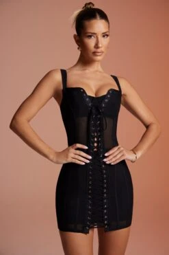 Lace Up Corset Mini Dress In Black -Women Clothes Shop 5342 4 Nalda Black Lace Up Mini Dress