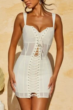Lace Up Corset Mini Dress In White -Women Clothes Shop 5342 5 Nalda White Lace Up Mesh Corset Mini Dress