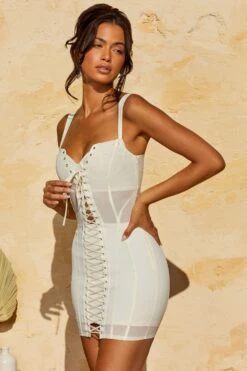 Lace Up Corset Mini Dress In White -Women Clothes Shop 5342 6 Nalda White Lace Up Mesh Corset Mini Dress