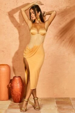 Draped Corset Midaxi Dress In Beige -Women Clothes Shop 5346 1 Signia Beige Draped Corset Leg Slit Midi Dress