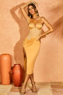 Draped Corset Midaxi Dress In Beige -Women Clothes Shop 5346 2 Signia Beige Draped Corset Leg Slit Midi Dress