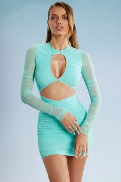 Long Sleeve Cut Out Mini Dress In Aqua -Women Clothes Shop 5364 12 Nara Aqua Cut Out Long Sleeve Mini Dress