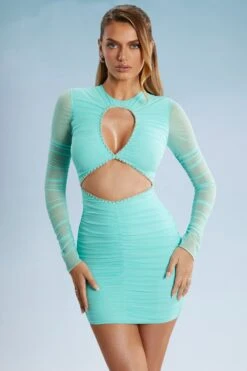 Long Sleeve Cut Out Mini Dress In Aqua