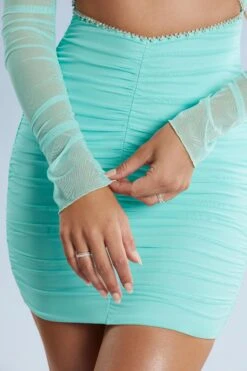 Long Sleeve Cut Out Mini Dress In Aqua -Women Clothes Shop 5364 6 Nara Aqua Cut Out Long Sleeve Mini Dress