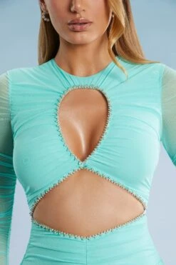 Long Sleeve Cut Out Mini Dress In Aqua -Women Clothes Shop 5364 7 Nara Aqua Cut Out Long Sleeve Mini Dress