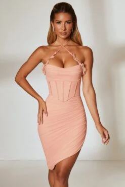 Asymmetric Hem Halter Neck Corset Midi Dress In Blush -Women Clothes Shop 5374 3 Belladonna Blush Asymmetric Hem Corset Dress