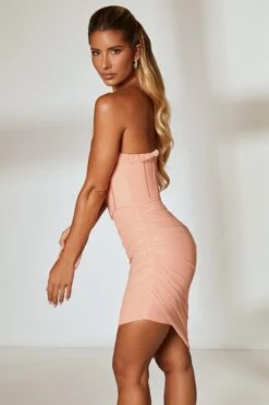 Asymmetric Hem Halter Neck Corset Midi Dress In Blush -Women Clothes Shop 5374 6 Belladonna Blush Asymmetric Hem Corset Dress