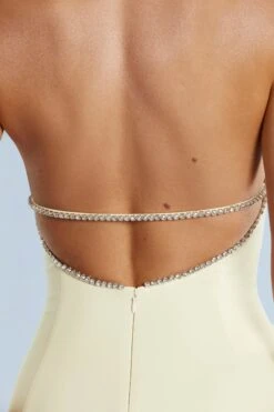 Low Back Midi Dress In Ivory -Women Clothes Shop 5382 11 Hani Ivory Embellished Trim Split Front Halter Midi Dress