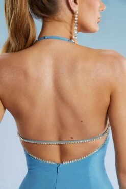 Low Back Midi Dress In Blue -Women Clothes Shop 5382 9 Hani Blue Embellished Trim Split Front Halter Midi Dress 1