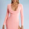 Cowl Neck Thigh Split Mini Dress In Blush -Women Clothes Shop 5383 4 Tate Blush Low Cowl Split Mini Dress