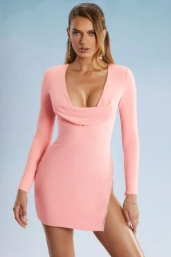 Cowl Neck Thigh Split Mini Dress In Blush