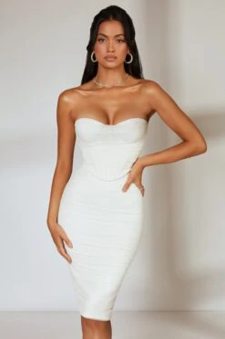 Corset Midi Dress In Ivory -Women Clothes Shop 5387 3 First Class White Overlay Corset Back Split Midi Dress