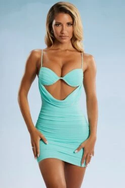 Cowl Neck Cut Out Mini Dress In Aqua -Women Clothes Shop 5390 1 Aqua Embellished Trim Drape Mini Dresscopy2