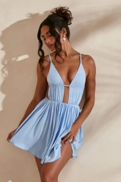 Ruched Skater Skirt Mini Dress In Light Blue -Women Clothes Shop 5411 3 Carmen Blue Print Strappy Pointed Hem Mini Dress