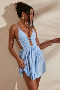 Ruched Skater Skirt Mini Dress In Light Blue -Women Clothes Shop 5411 5 Carmen Blue Print Strappy Pointed Hem Mini Dress