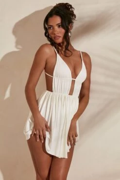 Ruched Skater Skirt Mini Dress In Ivory 15 Ruched Skater Skirt Mini Dress In Ivory -Women Clothes Shop 5411 5 Carmen Ivory Strappy Pointed Hem Mini Dress