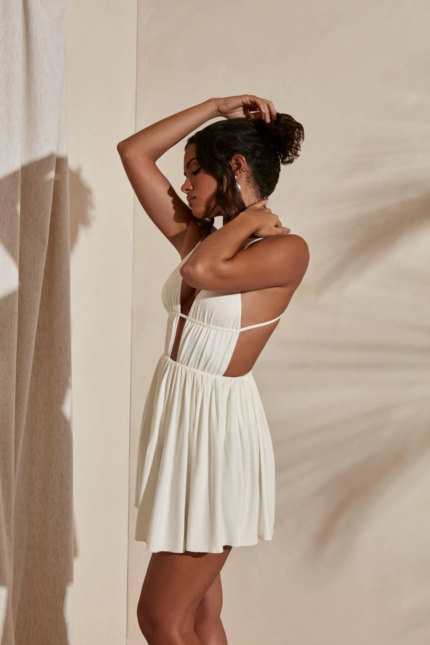 Ruched Skater Skirt Mini Dress In Ivory 5 Ruched Skater Skirt Mini Dress In Ivory - Image 3