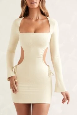 Long Sleeve Cut Out Mini Dress In Ivory -Women Clothes Shop 5425 4 Hari Ivory Straight Neckline Mini Dress