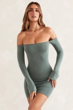 Long Sleeve Bardot Mini Dress In Green -Women Clothes Shop 5437 2 Green off shoulder long sleeve dress