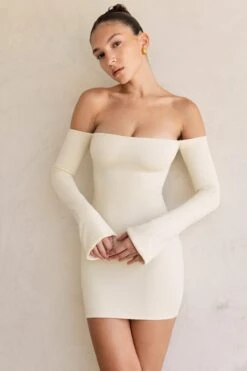 Long Sleeve Bardot Mini Dress In Ivory 14 Long Sleeve Bardot Mini Dress In Ivory -Women Clothes Shop 5437 3 Nasima Ivory Off Shoulder Long Sleeve Mini Dress
