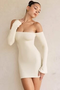 Long Sleeve Bardot Mini Dress In Ivory 15 Long Sleeve Bardot Mini Dress In Ivory -Women Clothes Shop 5437 4 Nasima Ivory Off Shoulder Long Sleeve Mini Dress