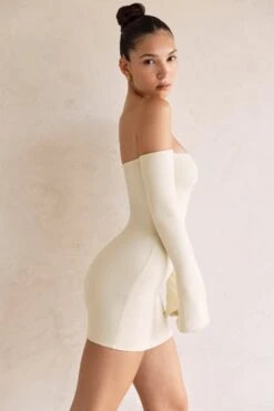 Long Sleeve Bardot Mini Dress In Ivory 11 Long Sleeve Bardot Mini Dress In Ivory -Women Clothes Shop 5437 6 Nasima Ivory Off Shoulder Long Sleeve Mini Dress