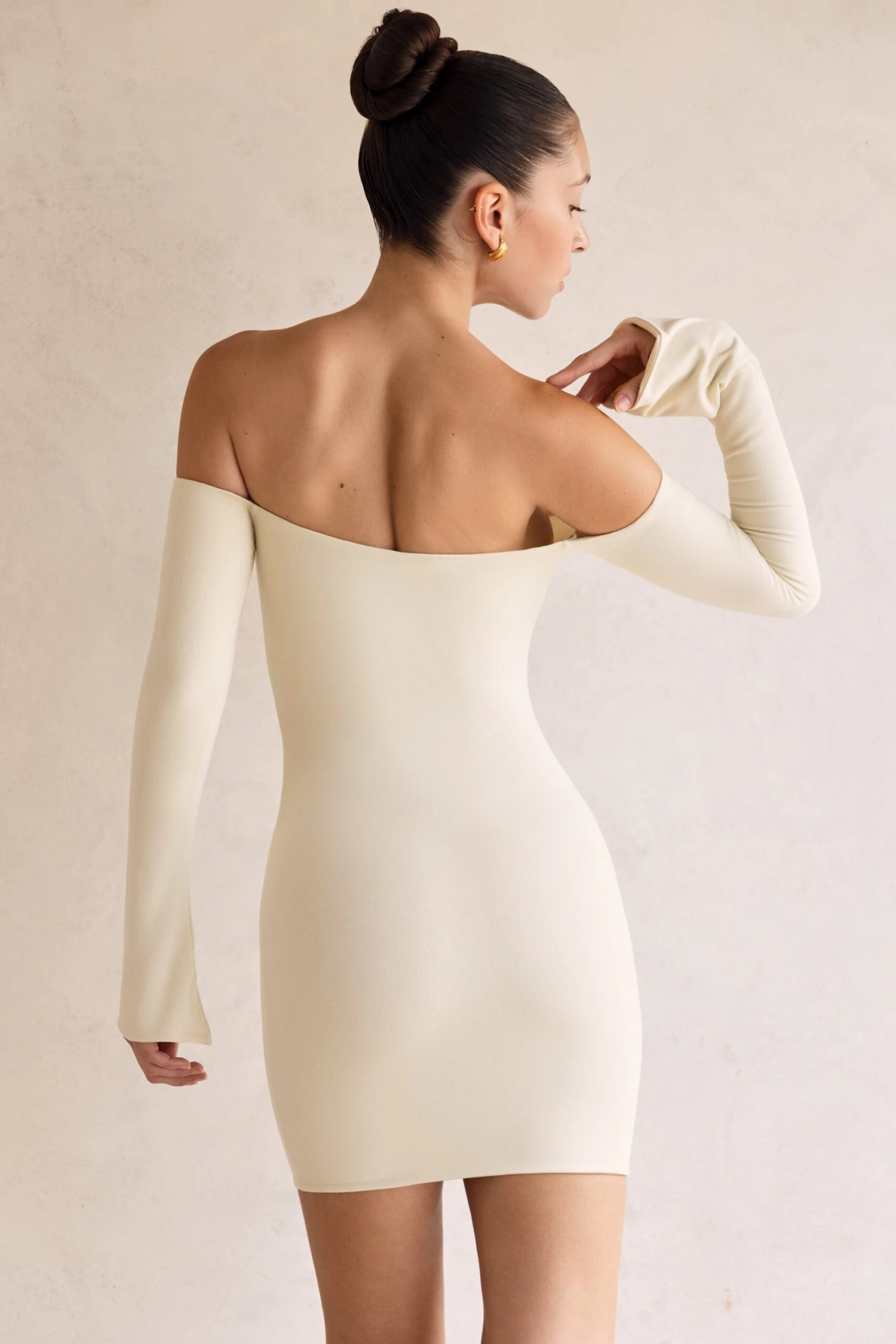 Long Sleeve Bardot Mini Dress In Ivory 4 Long Sleeve Bardot Mini Dress In Ivory - Image 2