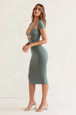Cap Sleeve Cut Out Midi Dress In Green -Women Clothes Shop 5450 2 Green cap sleeve midi flared hem