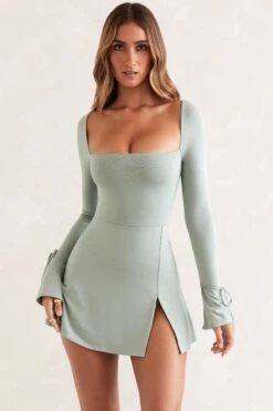 Square Neck Long Sleeve Mini Dress In Sage -Women Clothes Shop 5469 1 Baize Sage Square Neck Long Sleeve Mini Dress
