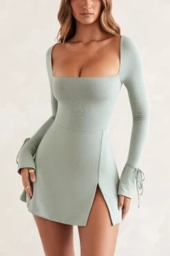 Square Neck Long Sleeve Mini Dress In Sage -Women Clothes Shop 5469 2 Baize Sage Square Neck Long Sleeve Mini Dress
