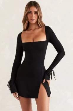Square Neck Long Sleeve Mini Dress In Black