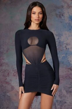 Long Sleeve Cut Out Mini Dress In Midnight Black